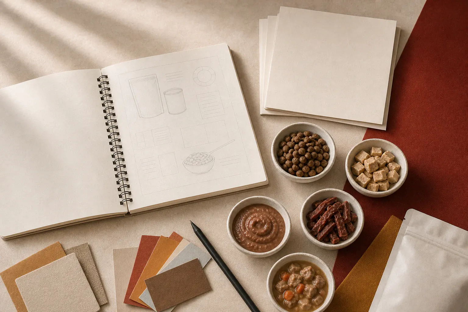 Morika Pet blog Marked-up product notes, pet food samples and packaging references