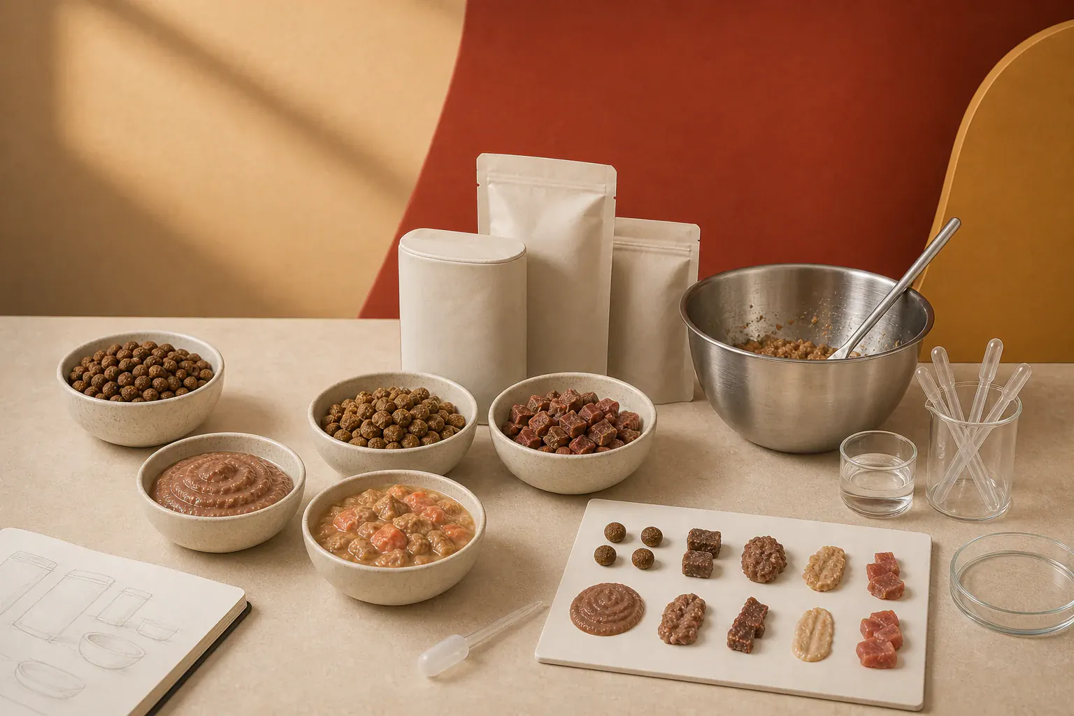 Pet product development workspace with formula notes, ingredients and samples