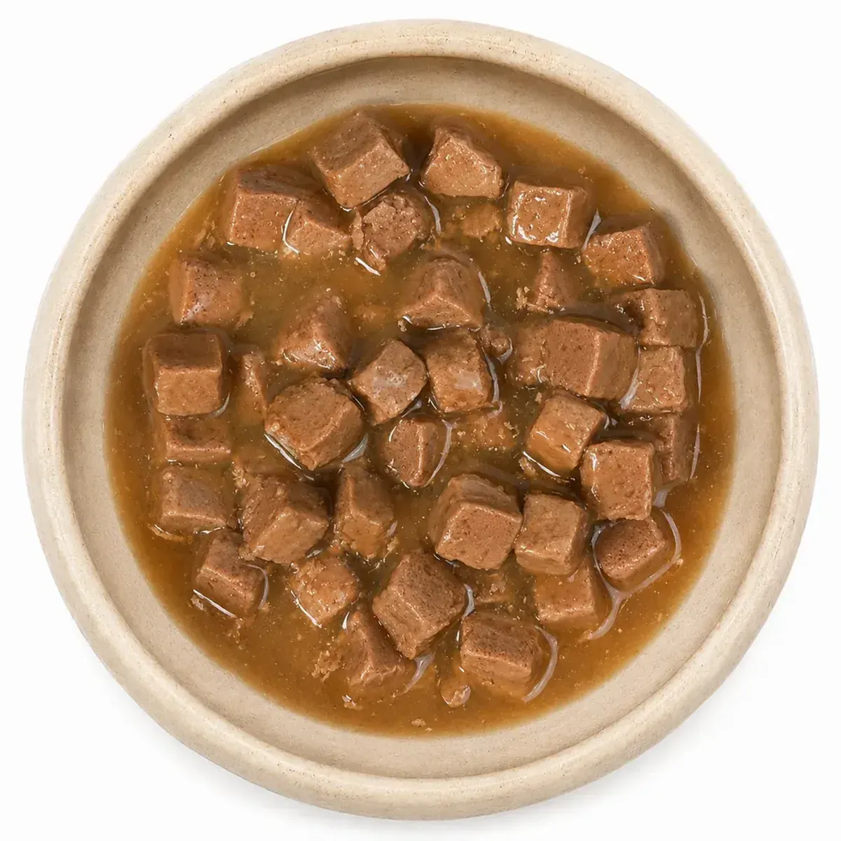 Bowl of chicken chunks in gravy wet pet food photographed from above