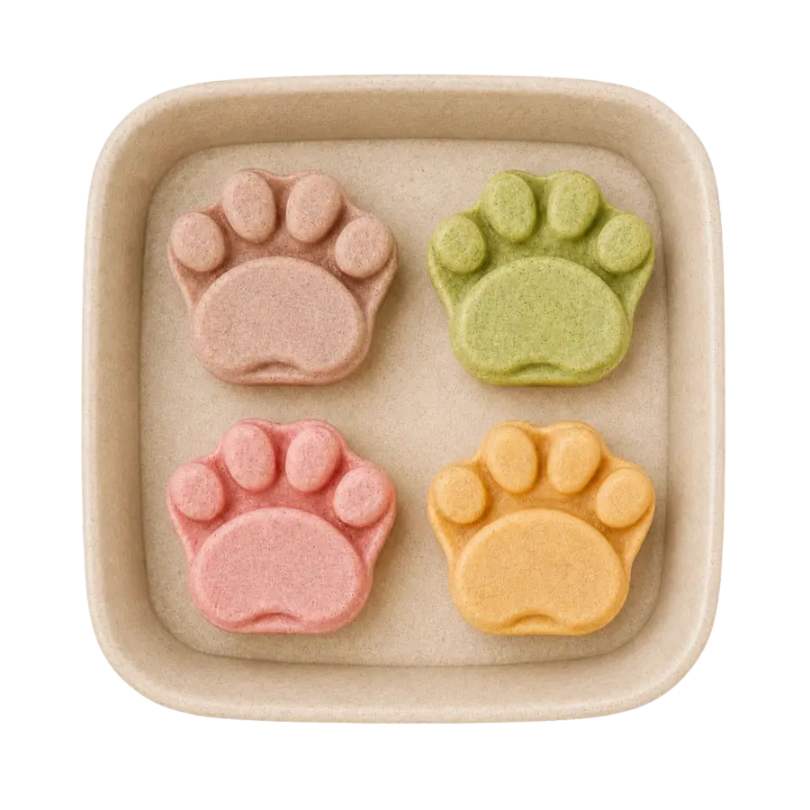 Paw-shaped freeze-dried pet food photographed from above